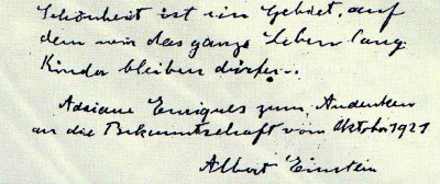 Aforisma scritto da Einstein nel diario di Adriana, in ricordo del loro incontro. [Per cortese permesso del Prof. Andrea De Benedetti, Torino].