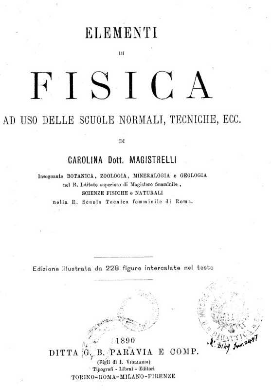 Frontespizio del volume Elementi di fisica, 1890