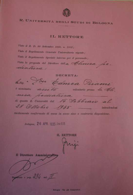Nomina ad aiuto volontario nella Clinica pediatrica nell'ottobre 1935 [Archivio storico dell'Università  di Bologna] 