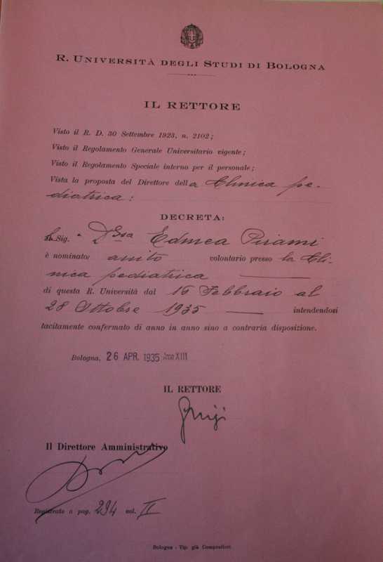 Nomina ad aiuto volontario nella Clinica pediatrica nell'ottobre 1935 [Archivio storico dell'Università  di Bologna] 
