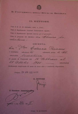 Nomina ad aiuto volontario nella Clinica pediatrica nell'ottobre 1935 [Archivio storico dell'Università  di Bologna] 