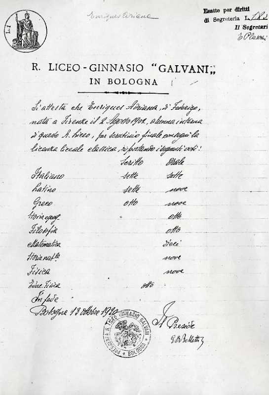 Licenza Liceale di Adriana Enriques. [Archivio storico dell'Università di Bologna].