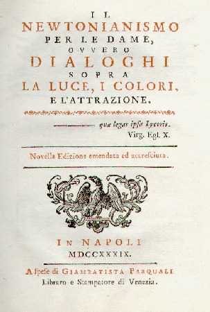Frontespizio di «Il Newtonianesimo per le dame» (1739) di Francesco Algarotti.