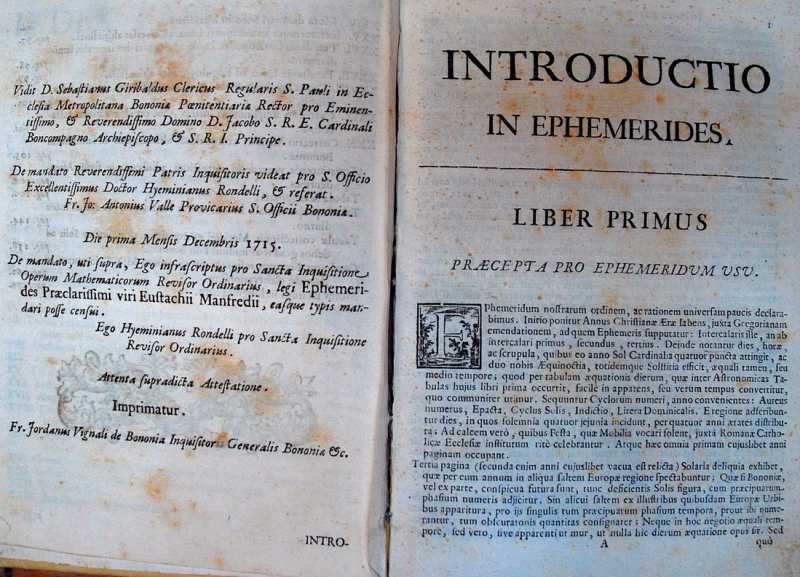 «Introductio in Ephemerides» di Eustachio Manfredi.