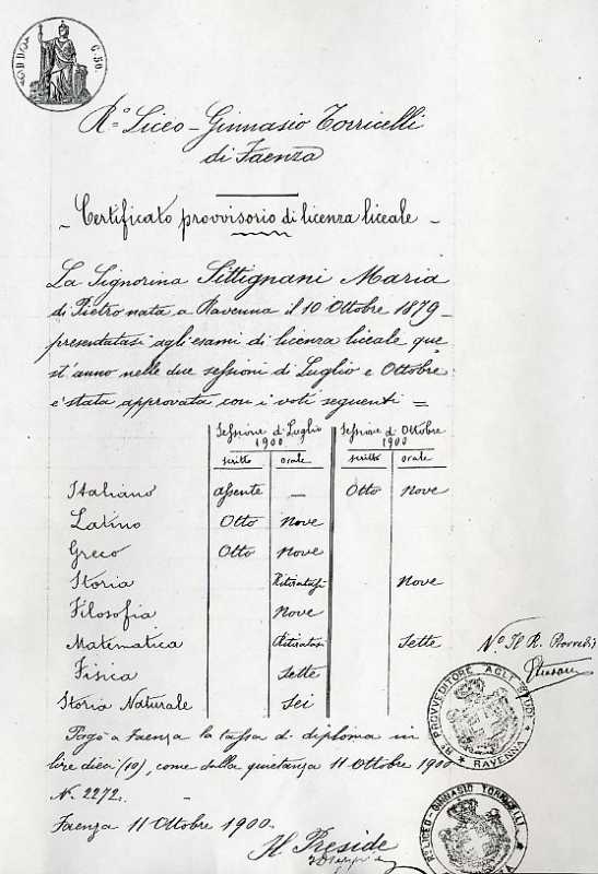 Licenza liceale di Maria Giovanna Sittignani. [Archivio storico dell'Università  di Bologna].