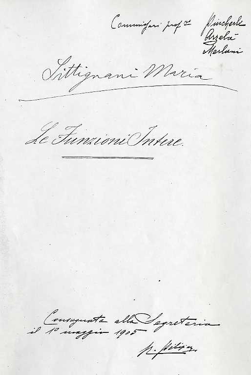 Frontespizio della tesi di laurea di Maria Giovanna Sittignani. [Archivio storico dell'Università di Bologna].