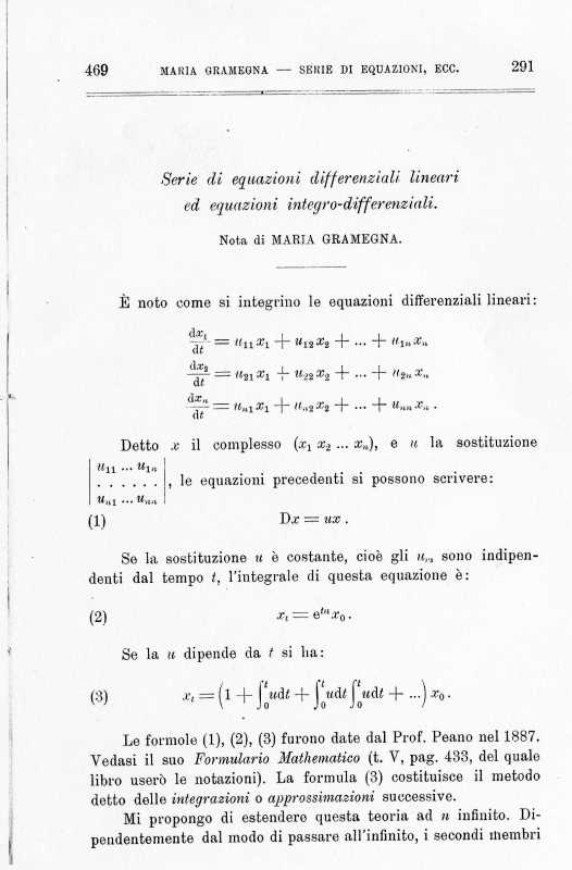 M.P. Gramegna, Serie di equazioni differenziali lineari ed equazioni integro-differenziali, 1910 (Frontespizio).