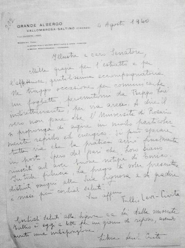 Lettera di Libera Trevisani a Vito Volterra in data 4 Agosto 1940. [Archivio Volterra, Roma].