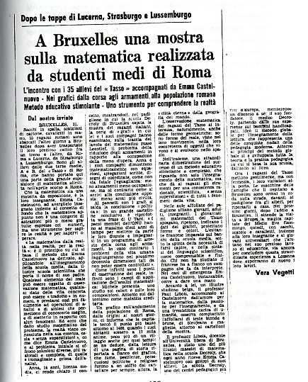 Frontespizio di un articolo sull'esposizione matematica realizzata a Bruxelles da studenti romani nel 1974. [Vegetti, 1974].