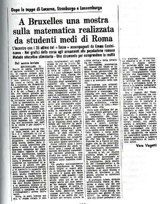 Frontespizio di un articolo sull'esposizione matematica realizzata a Bruxelles da studenti romani nel 1974. [Vegetti, 1974].