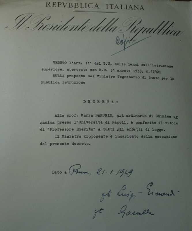 Lettera di conferimento di Maria Bakunin a 'professore emerito' nel 1949 [ACS]