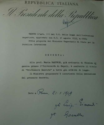 Lettera di conferimento di Maria Bakunin a 'professore emerito' nel 1949 [ACS]