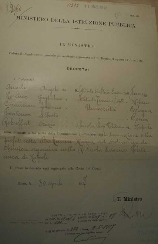 Documento attestante la promozione di Maria Bakunin a 'professore ordinario' di chimica organica nel 1917 [ACS]