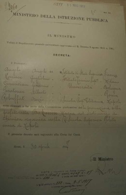 Documento attestante la promozione di Maria Bakunin a 'professore ordinario' di chimica organica nel 1917 [ACS]