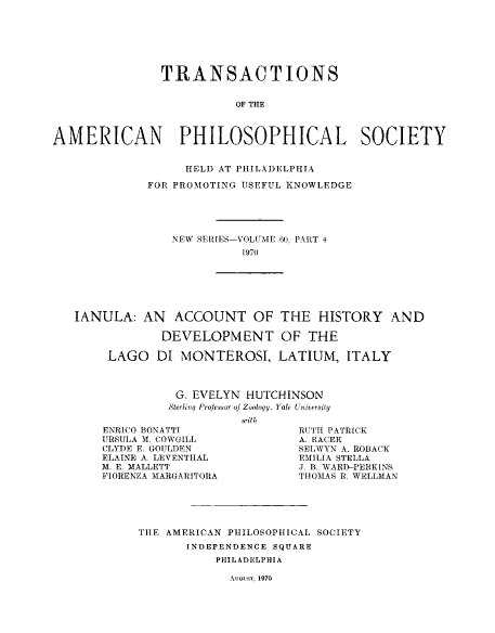 Frontespizio della pubblicazione «Ianula. An account on the history and development of the Lago di Monterosi, Latium, Italy» (1979).