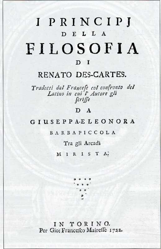 Frontespizio della traduzione dei Principia philosophiae di Cartesio a cura di Barbapiccola. [Sanna, 1999]