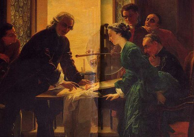 Esperimenti sull'elettricità   animale (olio su tela di Antonio Muzzi, 1857), Bologna, Museo di palazzo Poggi.