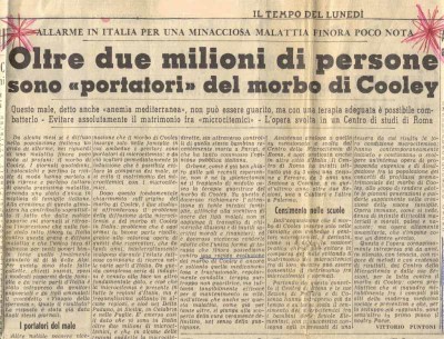 Articolo de 'Il Tempo del Lunedì' sulle talassemie. [I. Bianco SIlvestroni,  2002] 