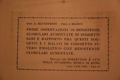 Articolo presentato da I. Bianco ed E. SIlvestroni all'Accademia Medica di Roma, 1943.