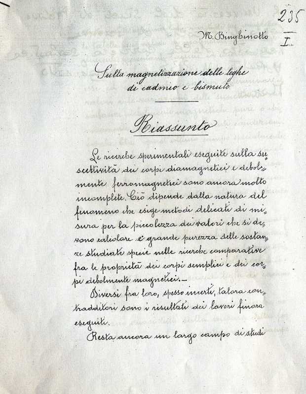 Frontespizio del 'Riassunto della tesi di laurea'. [Archivio storico dell' Università  di Padova].  