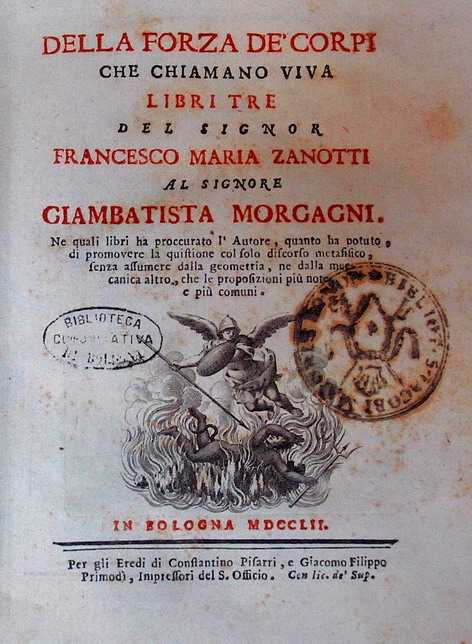 Della forza dei corpi che chiamiamo viva, frontespizio, di Francesco Maria Zanotti, 1751.