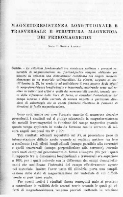 G. Alocco, Magnetoresistenza longitudinale e trasversale e struttura magnetica dei ferromagnetici, 1933 (frontespizio).