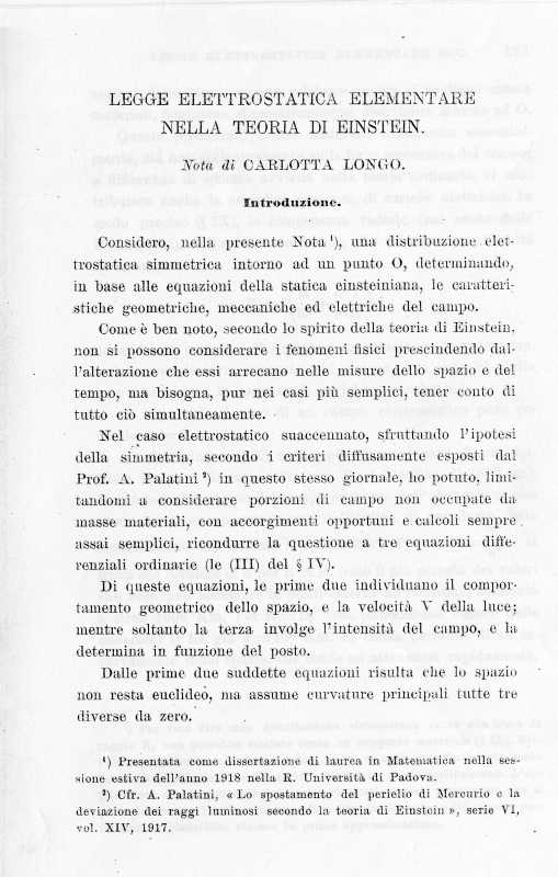 C. Longo, Legge elettrostatica elementare nella teoria di Einstein, 1918.