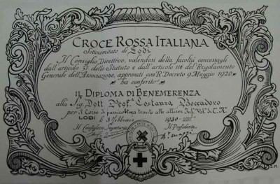 Diploma di benemerenza rilasciato dalla Croce rossa italiana a Costanza Boccadoro il 3 febbraio 1920 [Meazzini, s.d.]