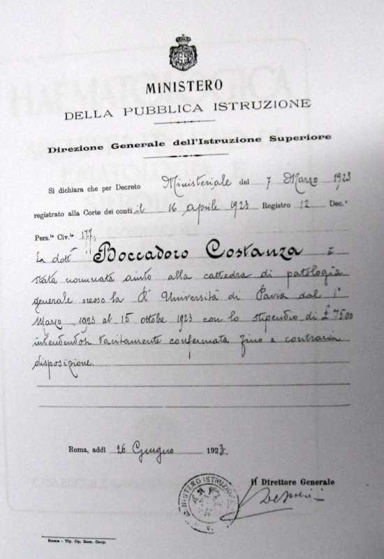 Nomina ministeriale ad aiuto della cattedra di patologia generale presso l'Università  di Pavia, 26 giugno 1923 [Meazzini, s.d.]